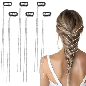 6pcs Rhinestone Hair Chains for Women Punk Tassel Hair Clips Bling Crystal Hair Extension Charm Rhinestone Hair Jewelry Accessories Silver Decorative Hairpin for Party Daily Headwear