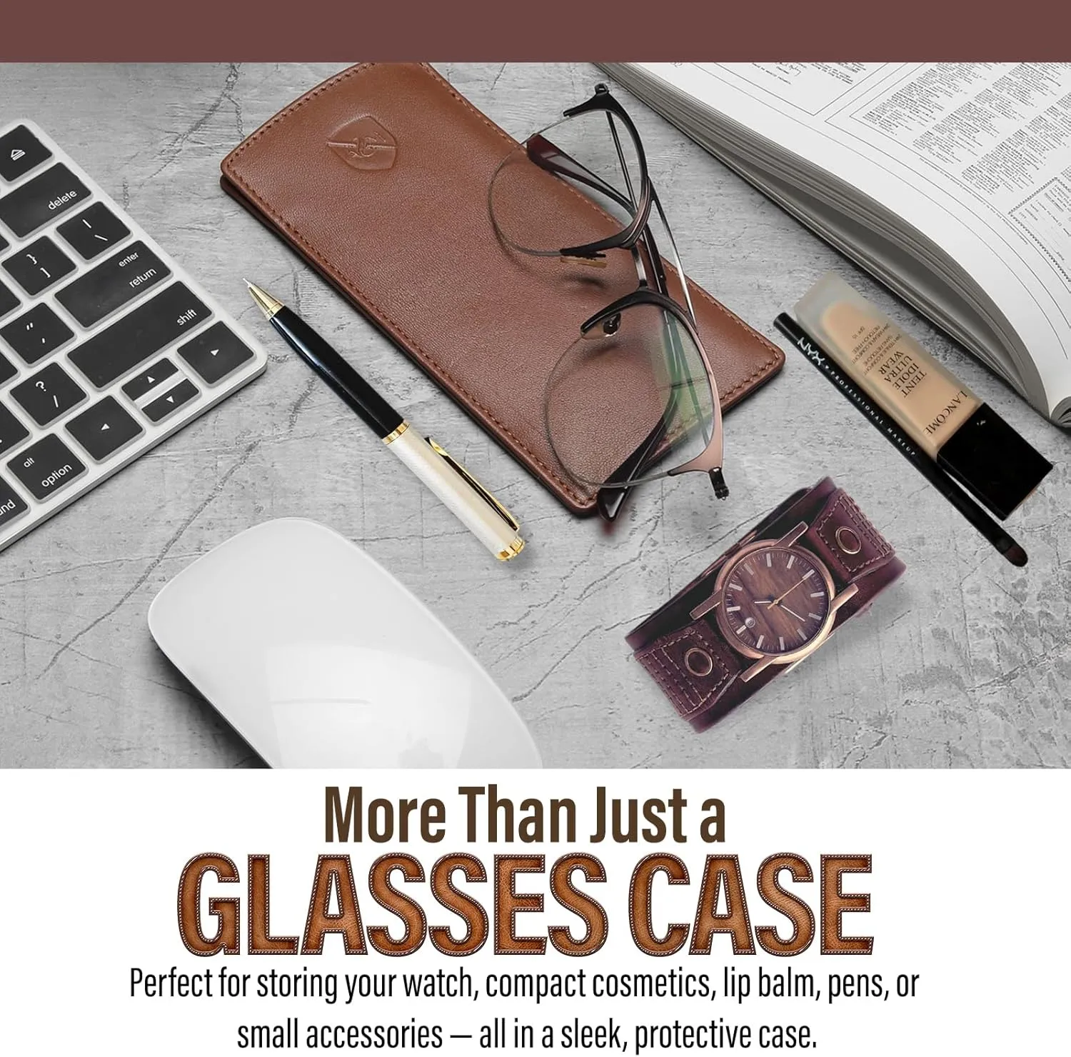 ALLEN & MATE Real Leather Glasses Case Slim Soft Pouch Sleeve for Reading Spectacles with Glass Cleaning Cloth