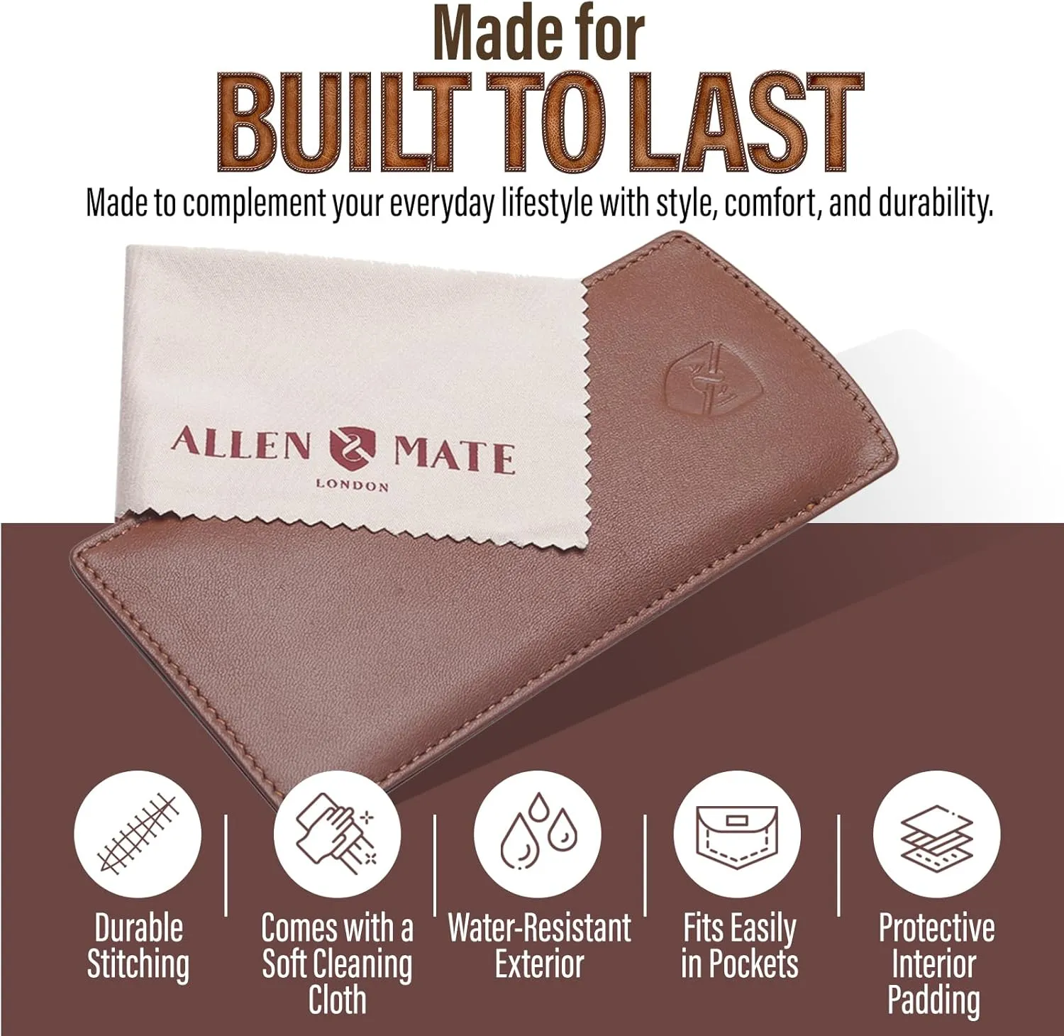 ALLEN & MATE Real Leather Glasses Case Slim Soft Pouch Sleeve for Reading Spectacles with Glass Cleaning Cloth