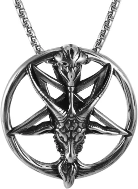 AsAlways Demon Satan Necklace for Men Stainless Steel Retro Gothic Inverted Pentagram Baphomet Goat Head Skull Pendant Necklace Jewelry Gift