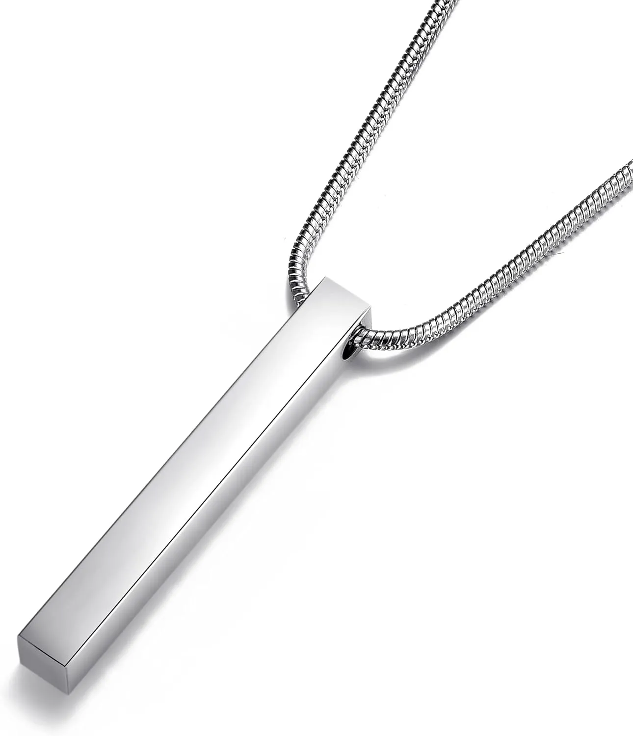 Bar Pendant Necklace for Men and Women Cube Bar Pendant with 24 Inch Stainless Steel Snake Chain, Silver
