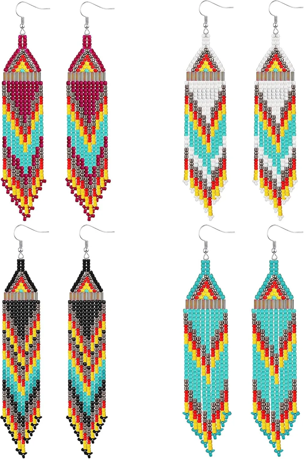 BBTO 4 Pcs Long Beaded Tassel Earrings Bohemia Native Handmade Statement Fringe Drop Boho Dangle Tassel Earrings for Women(Exotic)