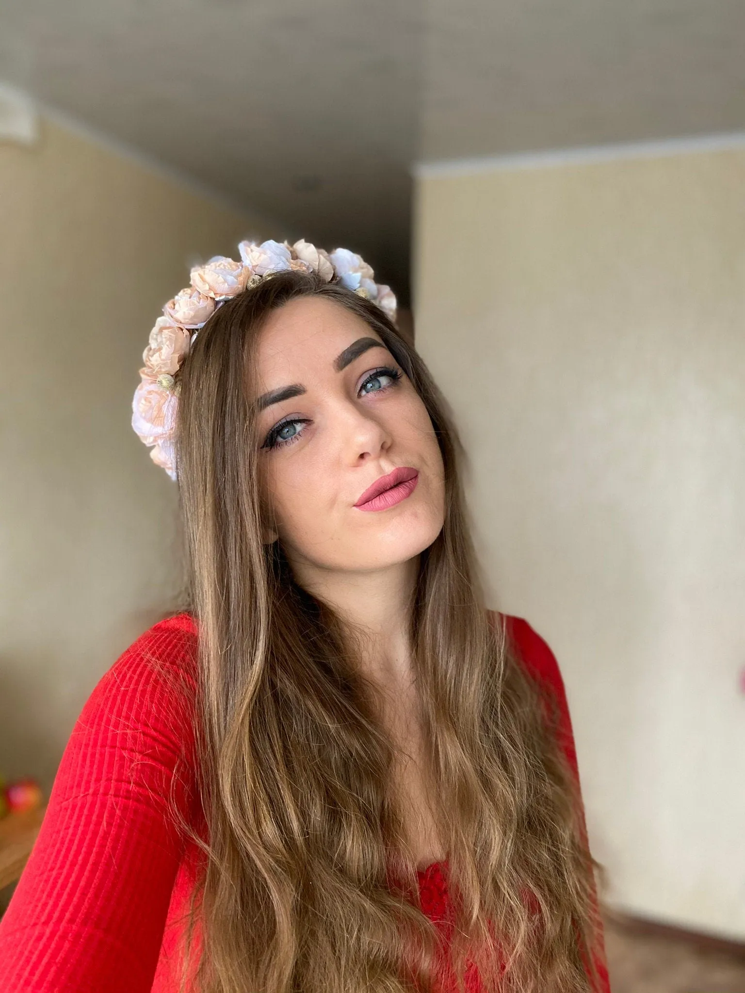 Beige Pink Floral Crown Halo Crown Headpiece With Beige and White Flowers Met Gala Accessories