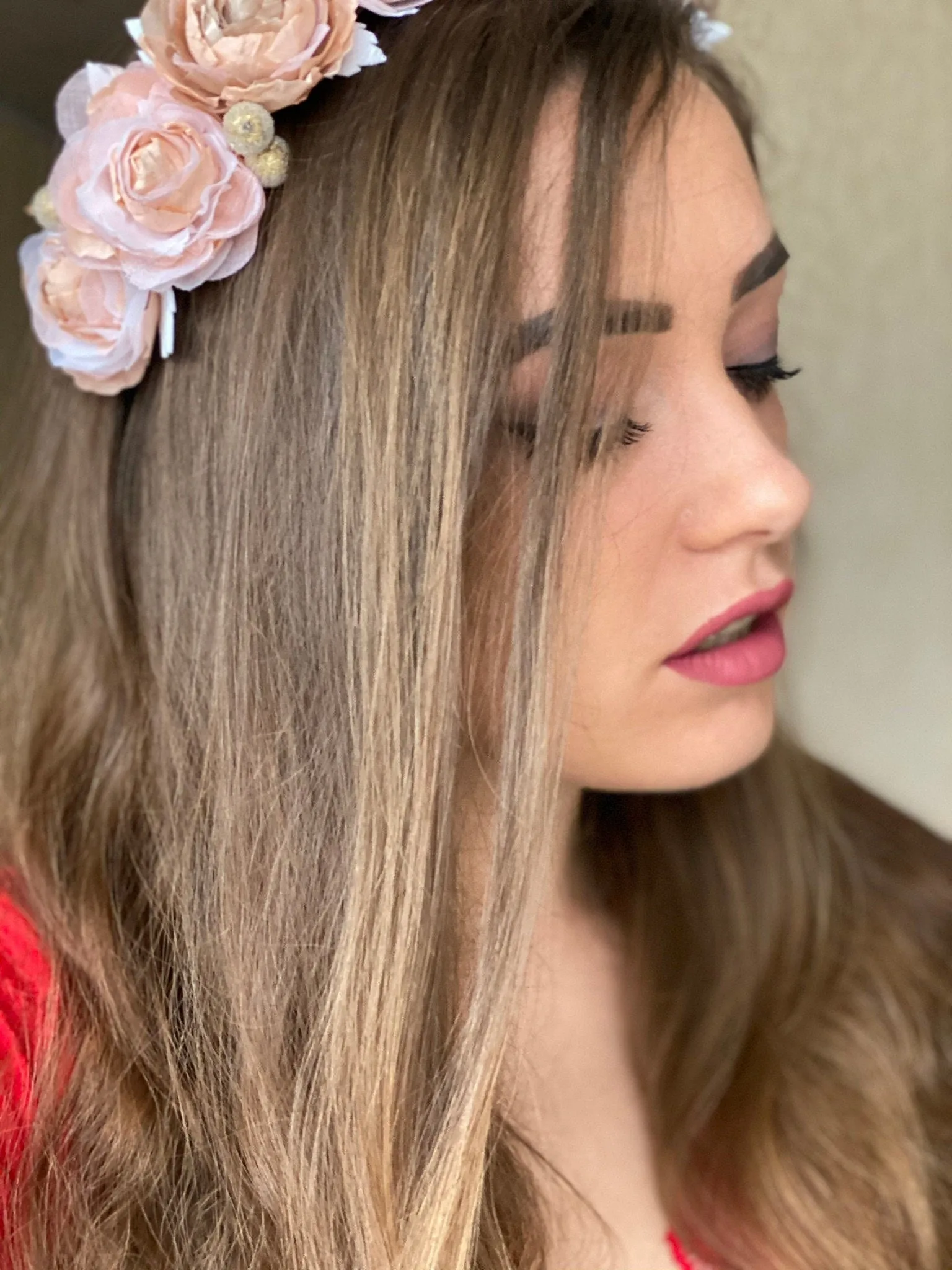 Beige Pink Floral Crown Halo Crown Headpiece With Beige and White Flowers Met Gala Accessories