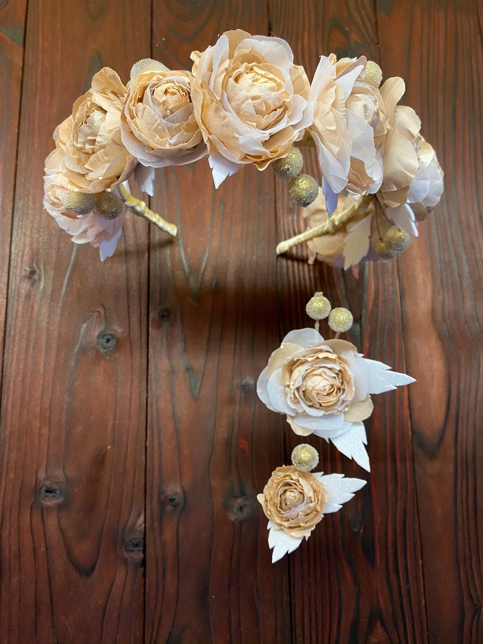 Beige Pink Floral Crown Halo Crown Headpiece With Beige and White Flowers Met Gala Accessories