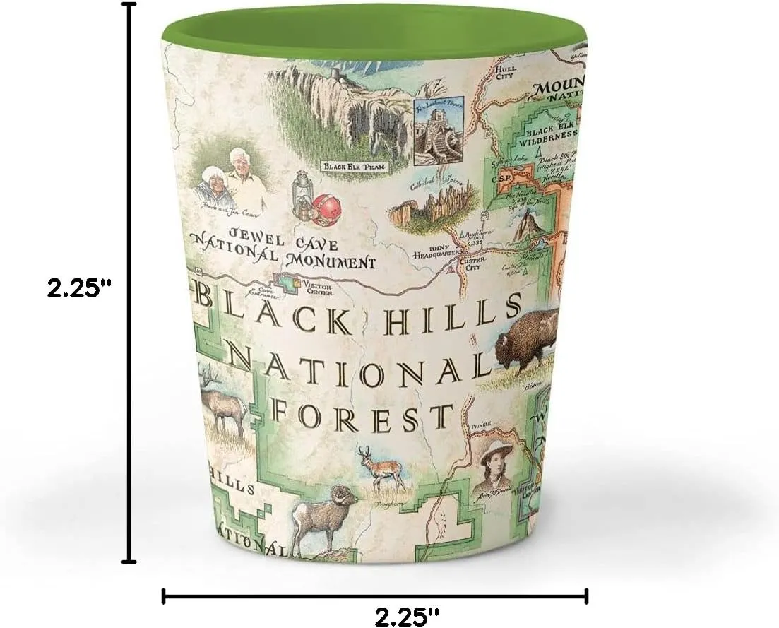 Black Hills National Forest Map Shot Glass  1.5 oz Ceramic  Featuring Mount Rushmore & Devils Tower  BPA-Free, Durable Gift for Home, Office, Bar, or Souvenir