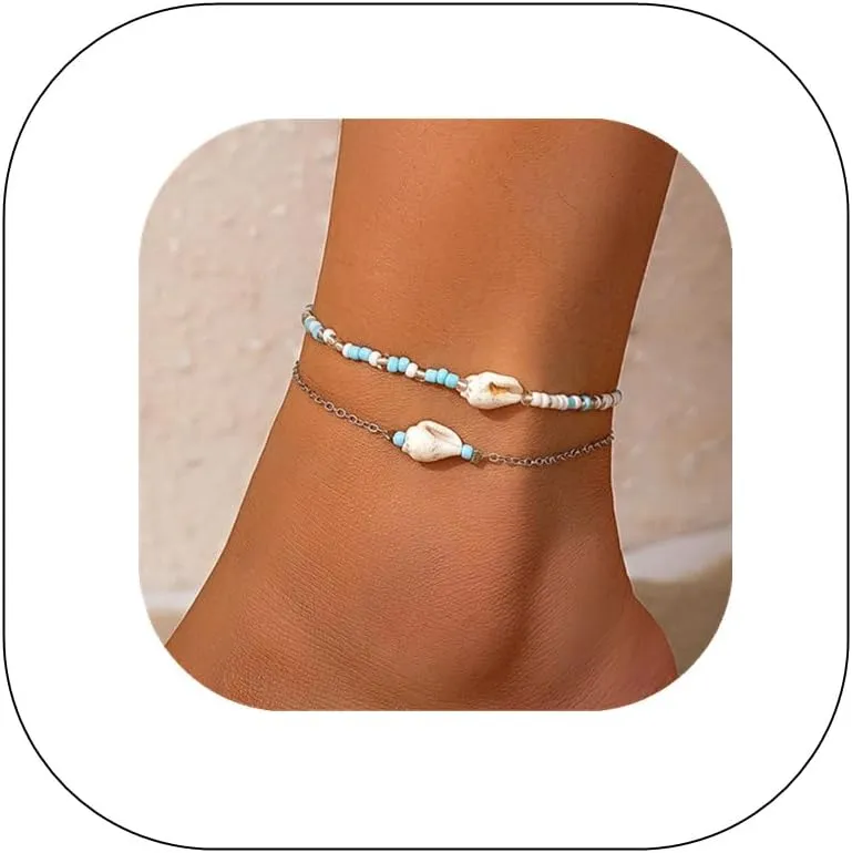 Bohemian Beaded Anklets Set Multilayered Shell Starfish Conch Turtle Pendant Anklet Summer Beach Foot Chain Jewelry for Women