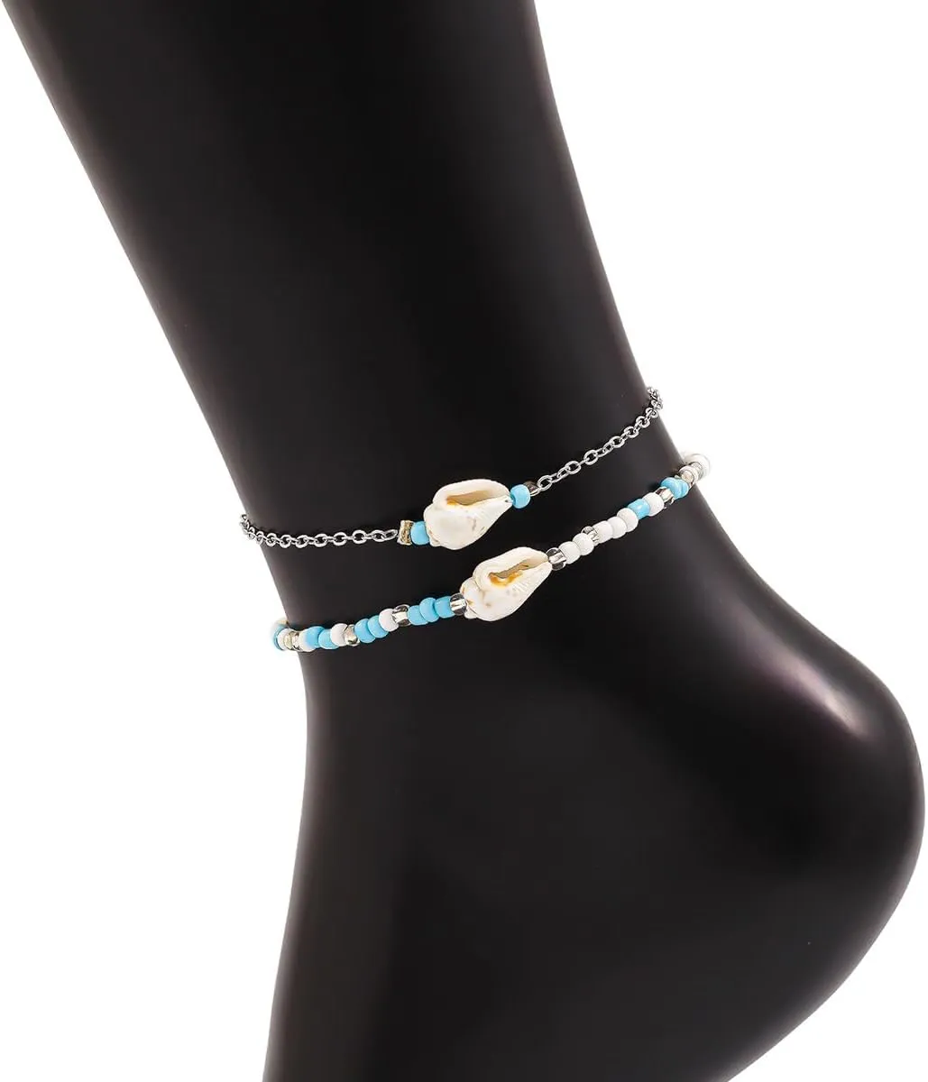 Bohemian Beaded Anklets Set Multilayered Shell Starfish Conch Turtle Pendant Anklet Summer Beach Foot Chain Jewelry for Women