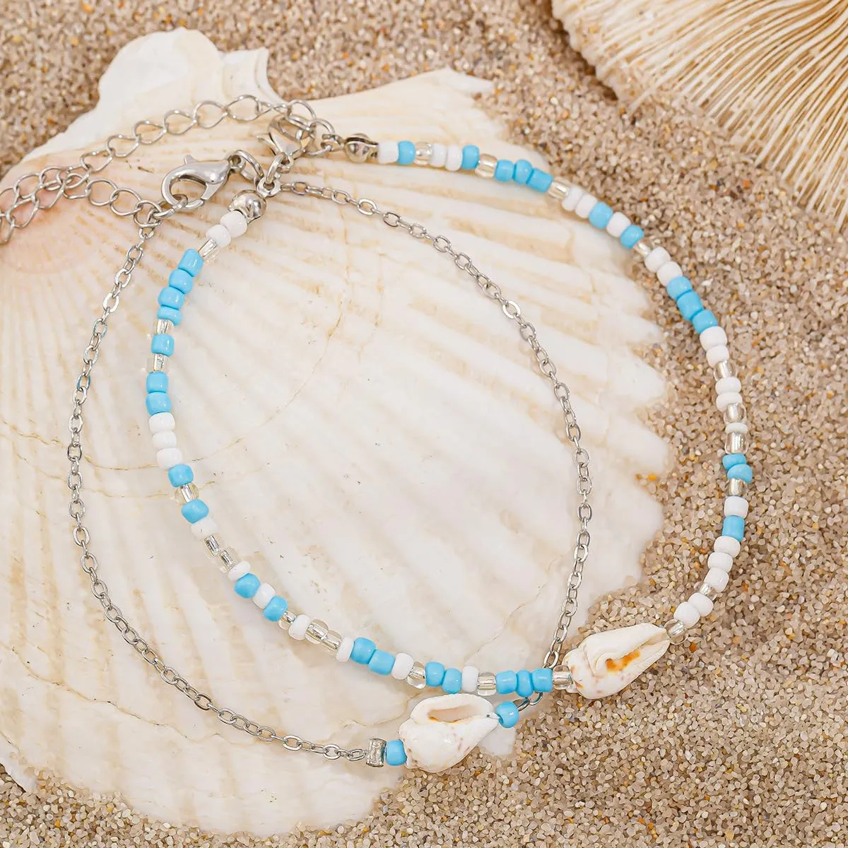 Bohemian Beaded Anklets Set Multilayered Shell Starfish Conch Turtle Pendant Anklet Summer Beach Foot Chain Jewelry for Women