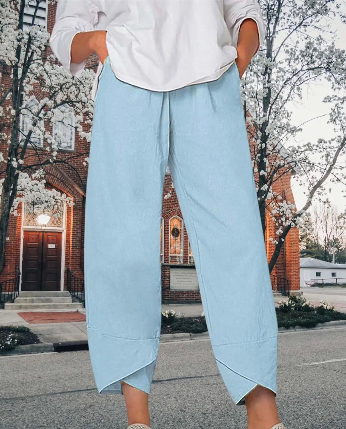 Boho Capri Pants for Women Summer High Elastic Waist Wide Leg Trousers Beach Vacation Fashion Pant with Pockets