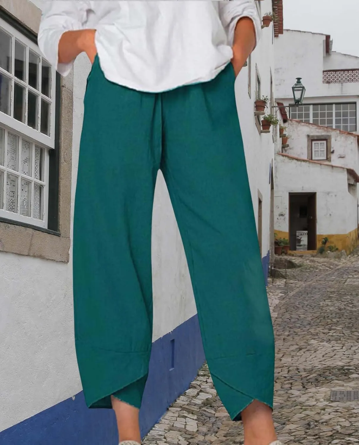 Boho Capri Pants for Women Summer High Elastic Waist Wide Leg Trousers Beach Vacation Fashion Pant with Pockets