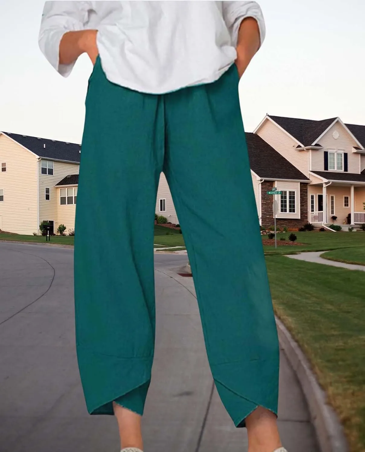 Boho Capri Pants for Women Summer High Elastic Waist Wide Leg Trousers Beach Vacation Fashion Pant with Pockets