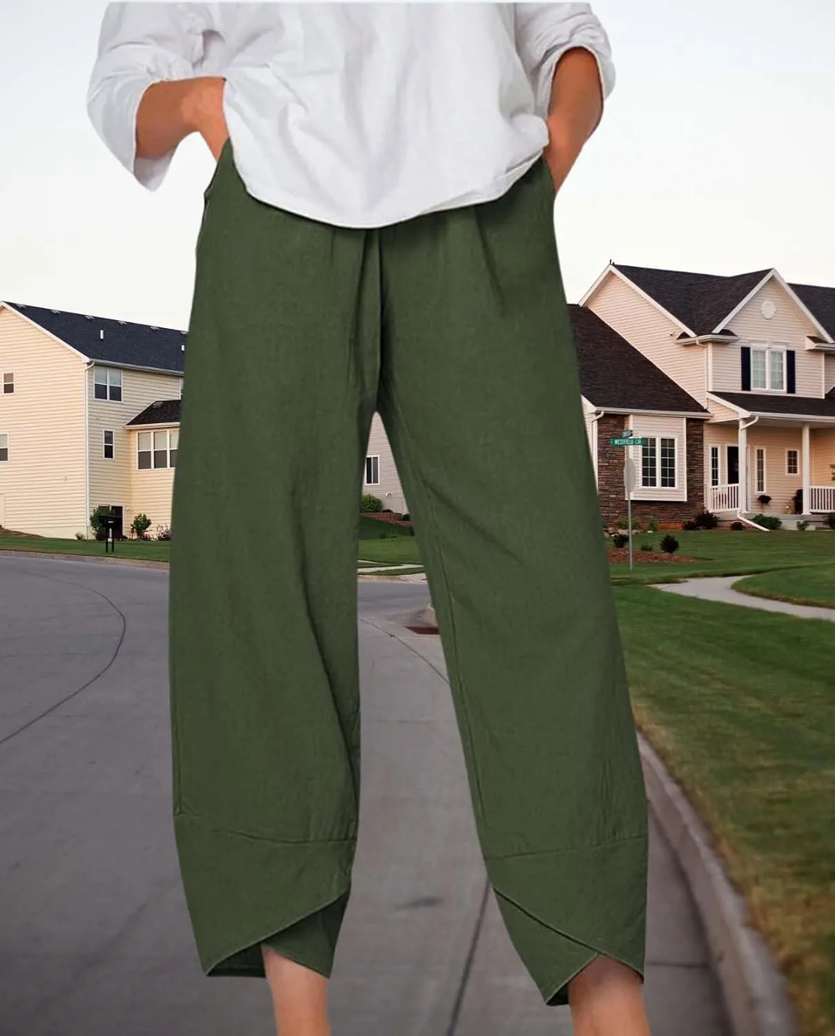 Boho Capri Pants for Women Summer High Elastic Waist Wide Leg Trousers Beach Vacation Fashion Pant with Pockets