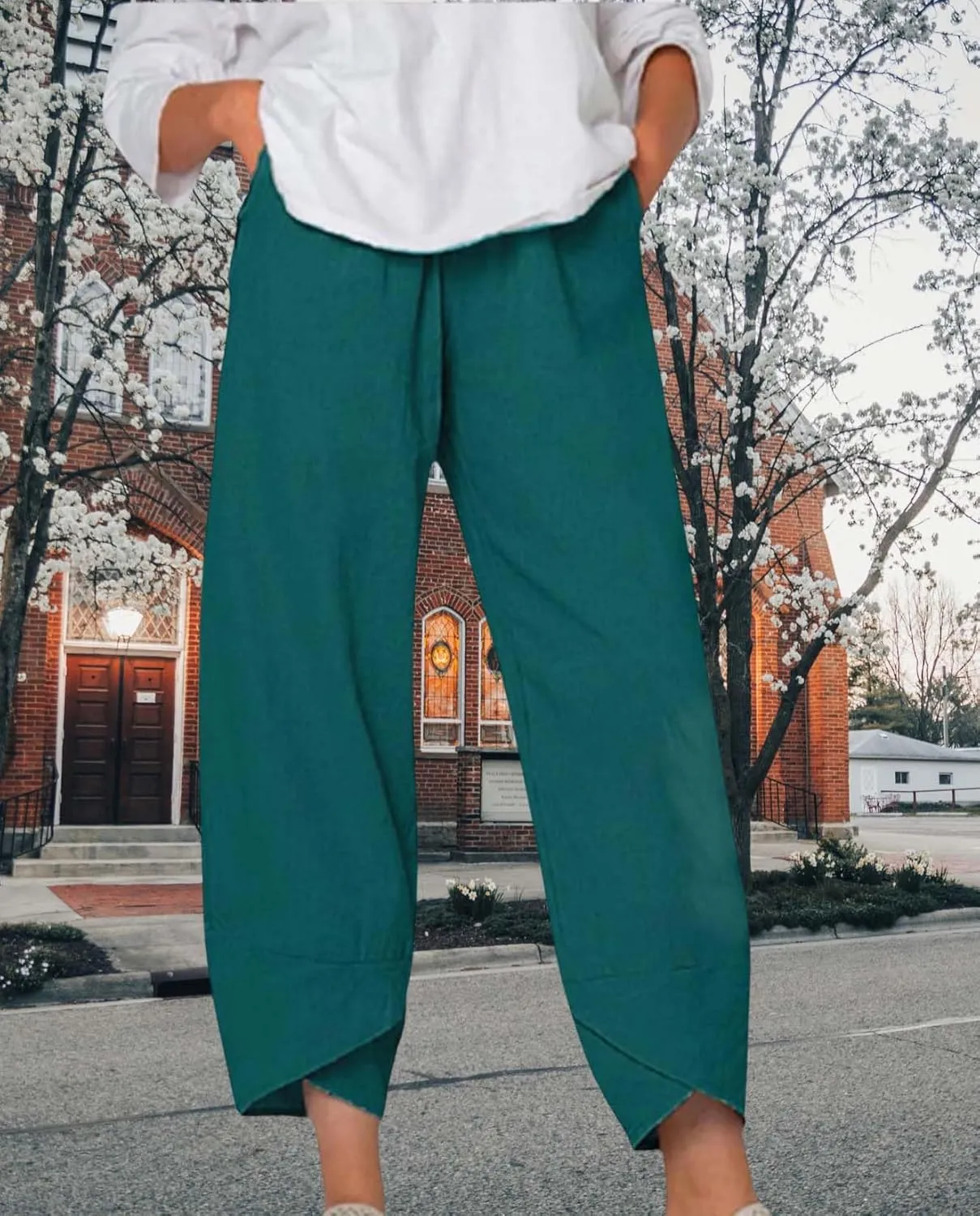 Boho Capri Pants for Women Summer High Elastic Waist Wide Leg Trousers Beach Vacation Fashion Pant with Pockets