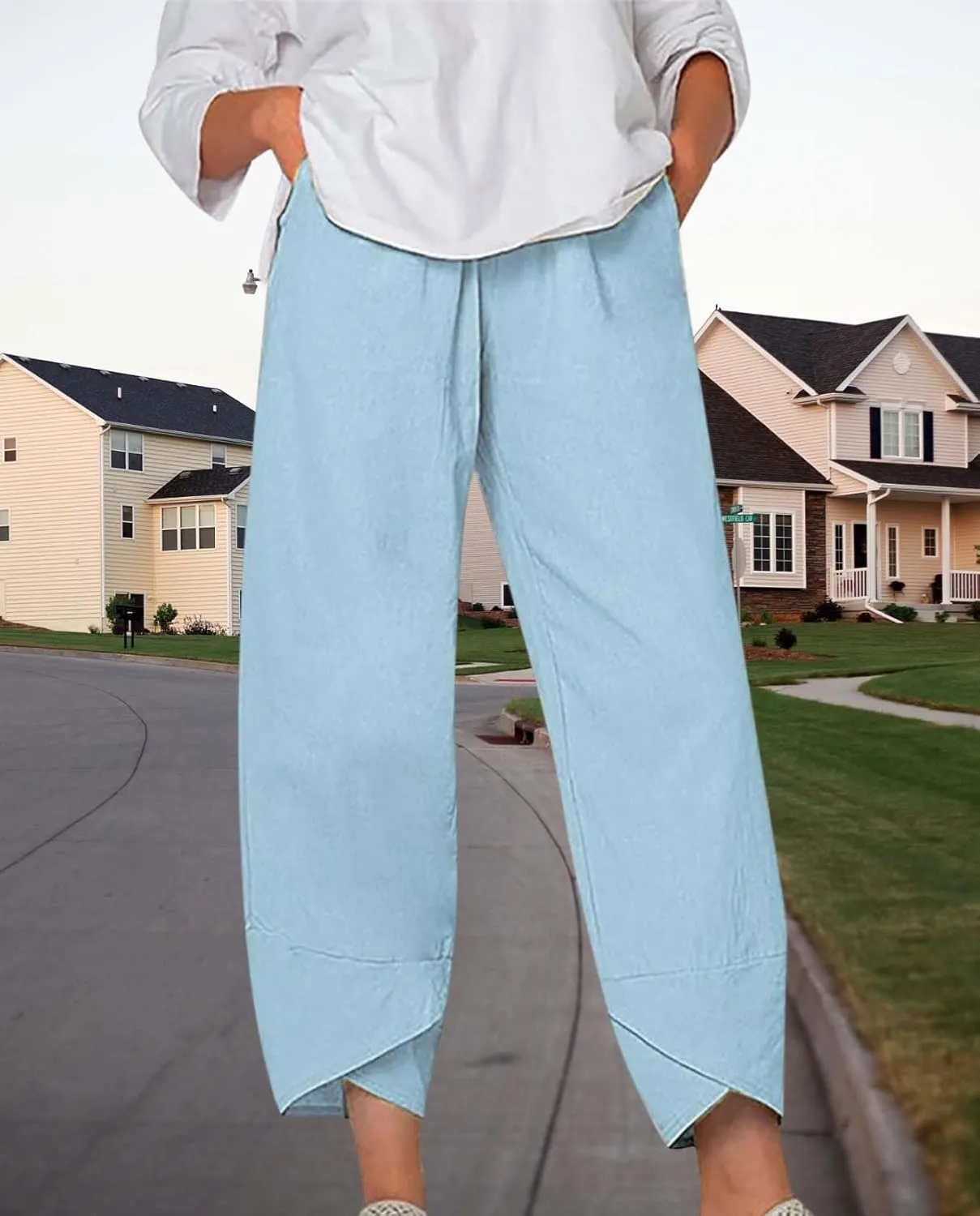 Boho Capri Pants for Women Summer High Elastic Waist Wide Leg Trousers Beach Vacation Fashion Pant with Pockets