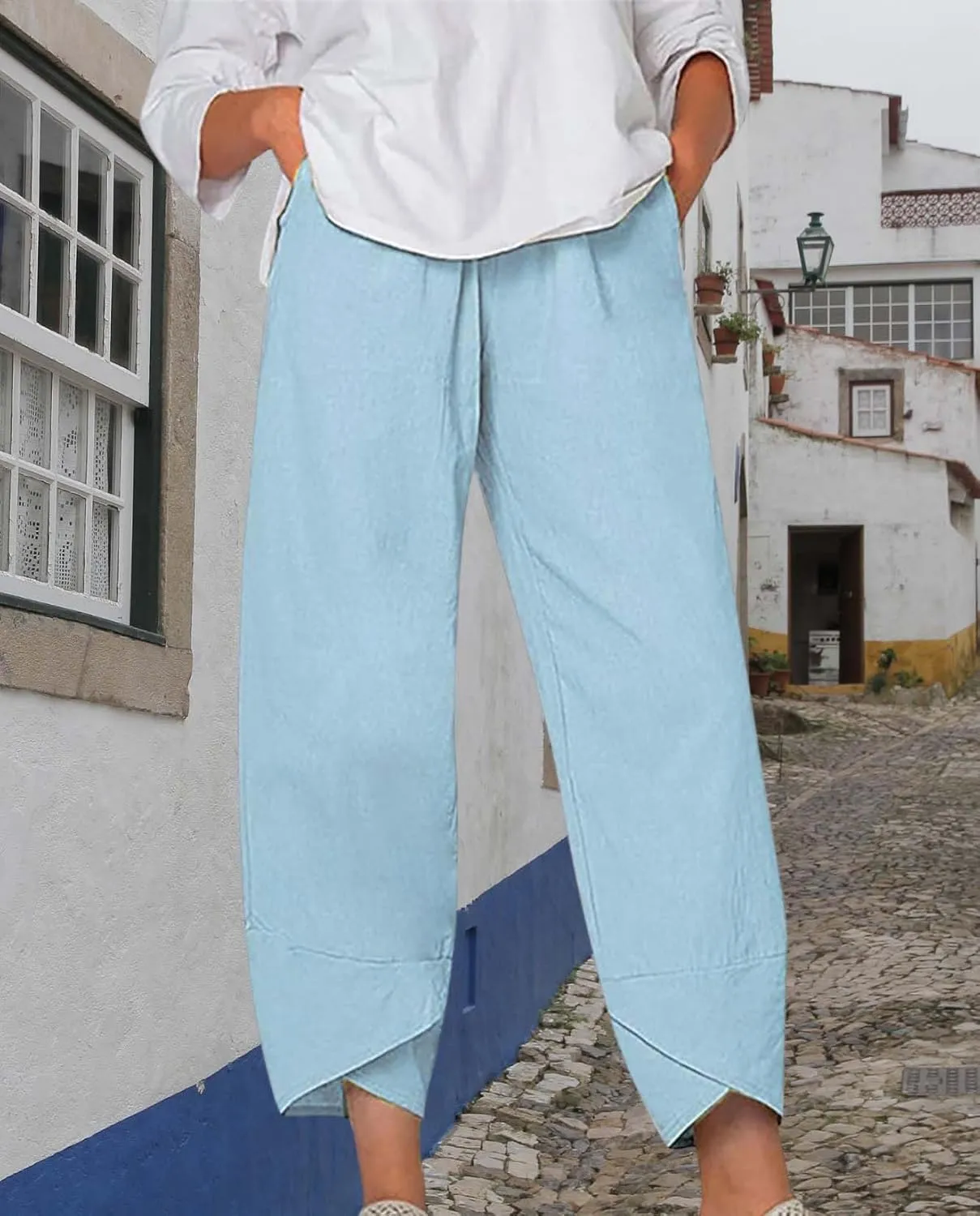 Boho Capri Pants for Women Summer High Elastic Waist Wide Leg Trousers Beach Vacation Fashion Pant with Pockets