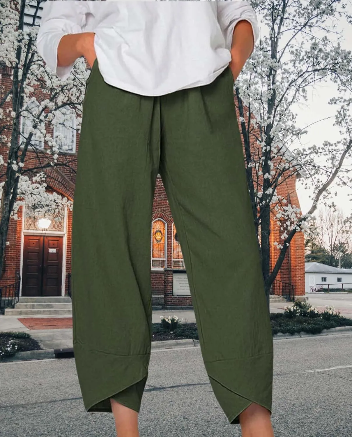 Boho Capri Pants for Women Summer High Elastic Waist Wide Leg Trousers Beach Vacation Fashion Pant with Pockets