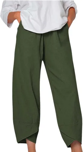 Boho Capri Pants for Women Summer High Elastic Waist Wide Leg Trousers Beach Vacation Fashion Pant with Pockets