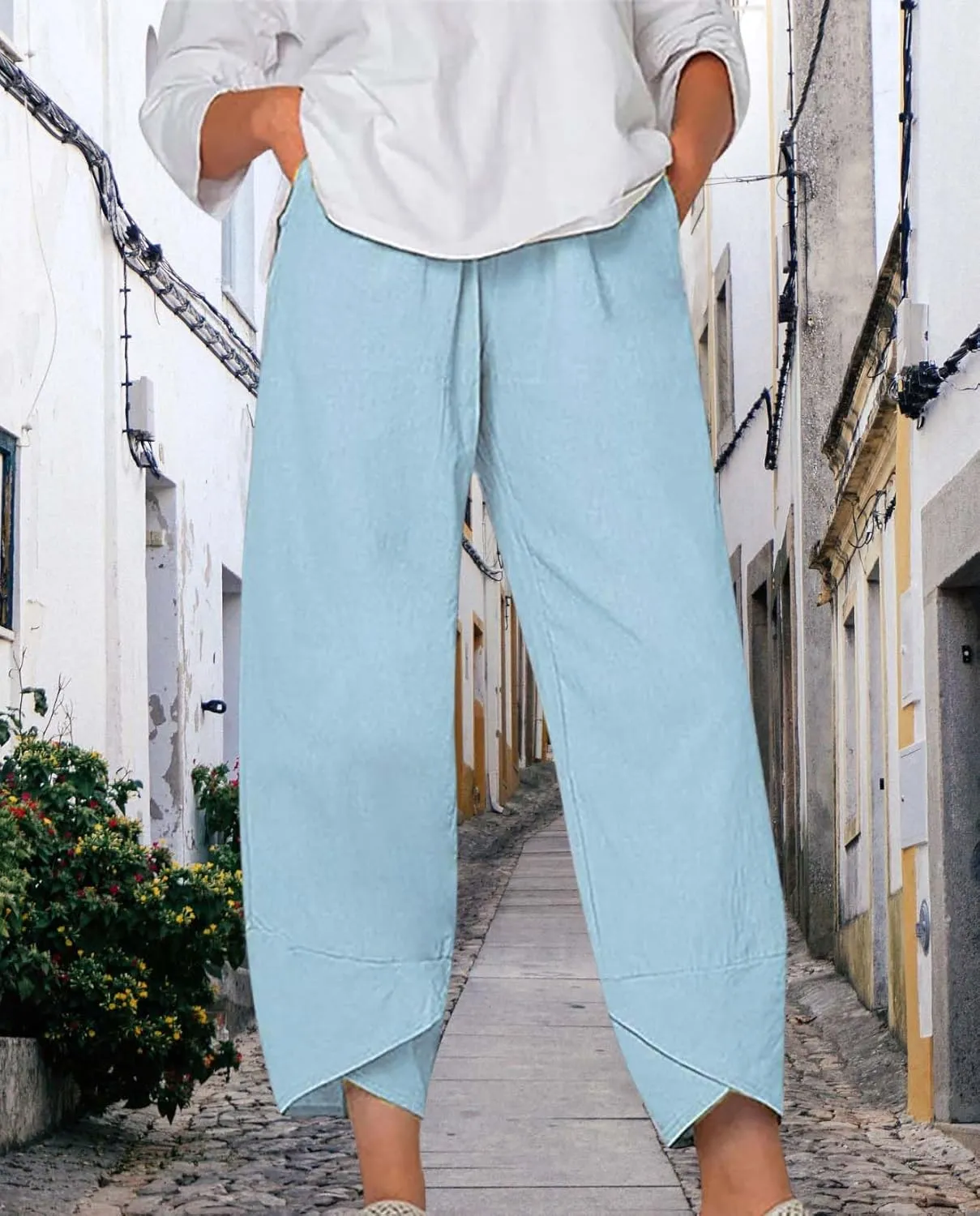 Boho Capri Pants for Women Summer High Elastic Waist Wide Leg Trousers Beach Vacation Fashion Pant with Pockets
