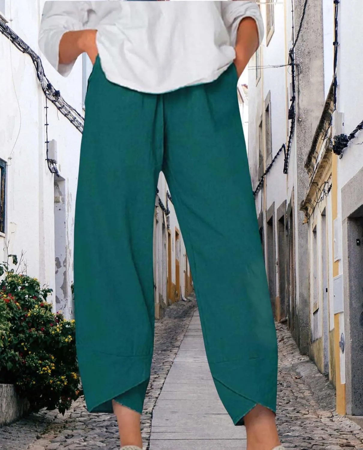 Boho Capri Pants for Women Summer High Elastic Waist Wide Leg Trousers Beach Vacation Fashion Pant with Pockets