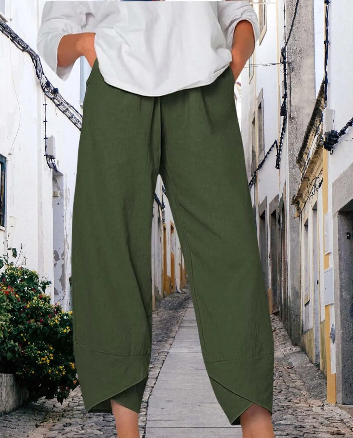 Boho Capri Pants for Women Summer High Elastic Waist Wide Leg Trousers Beach Vacation Fashion Pant with Pockets