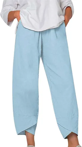 Boho Capri Pants for Women Summer High Elastic Waist Wide Leg Trousers Beach Vacation Fashion Pant with Pockets