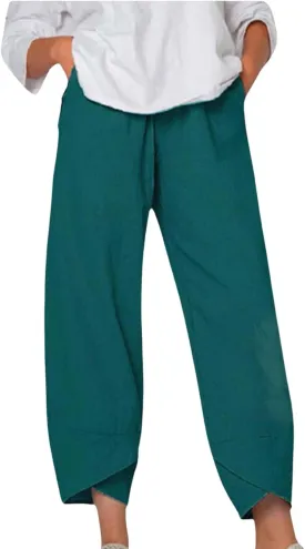 Boho Capri Pants for Women Summer High Elastic Waist Wide Leg Trousers Beach Vacation Fashion Pant with Pockets