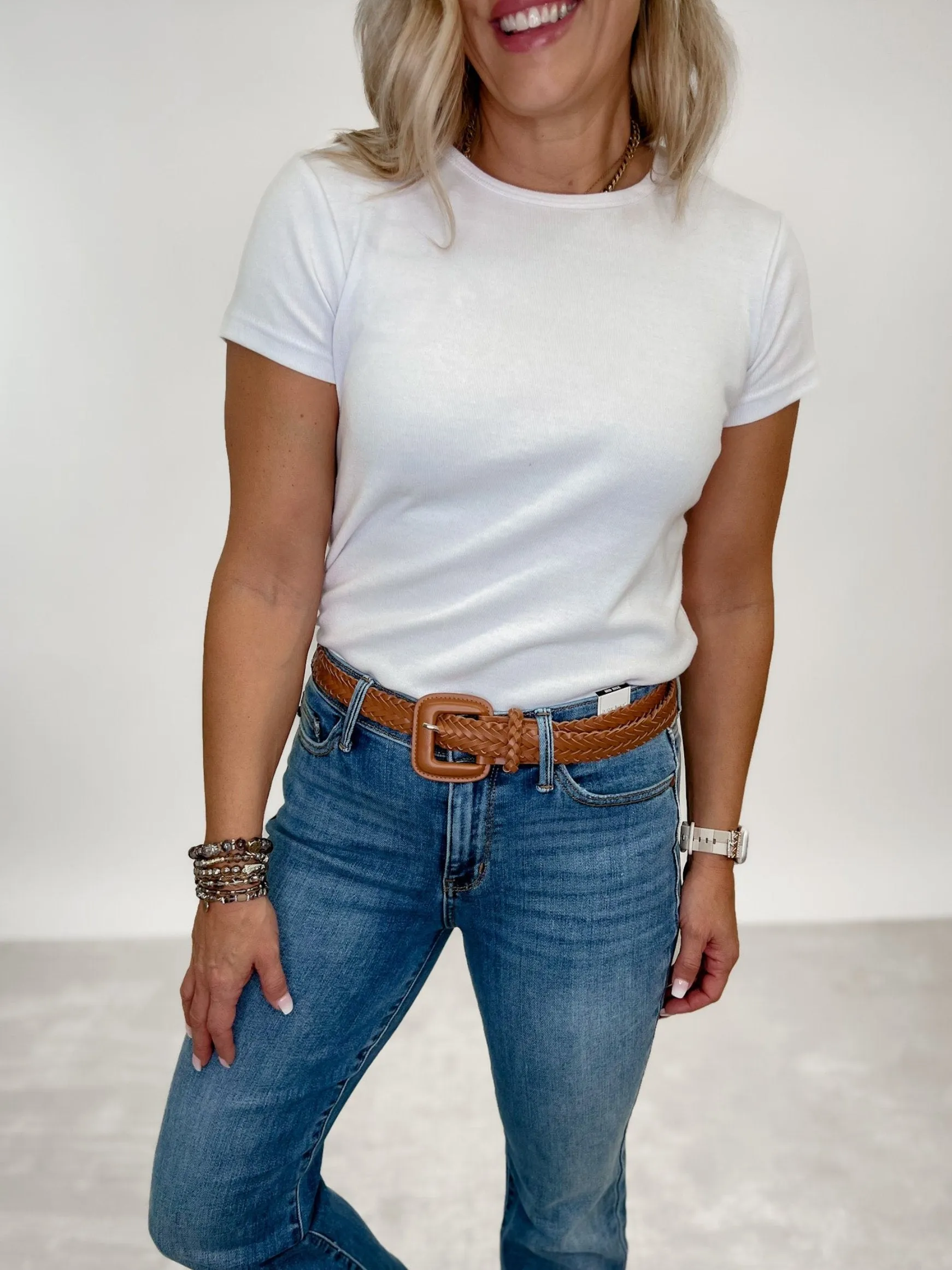 Braided Woven Faux Leather Belt, Cognac