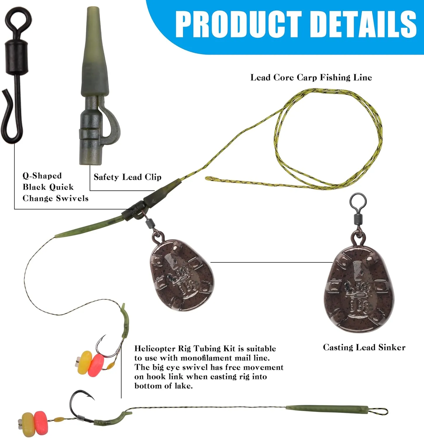 Carp Fishing Hair Rigs Carp Fishing Accessories Set Carp Sinker Weights Carp Rig Set Up Carp Hooks Corn Bait Leader Rigs for Carp Bass Catfish Carp Tackle Rigs