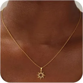 CHESKY Gold Pendant Necklace for Women, 14K Gold Plated Cubic Zirconia Dainty Sun and Moon Necklace Cute Minimalist Diamond Gemstone Turquoise Chain Choker Sunflower Necklace Jewelry Gifts for Women
