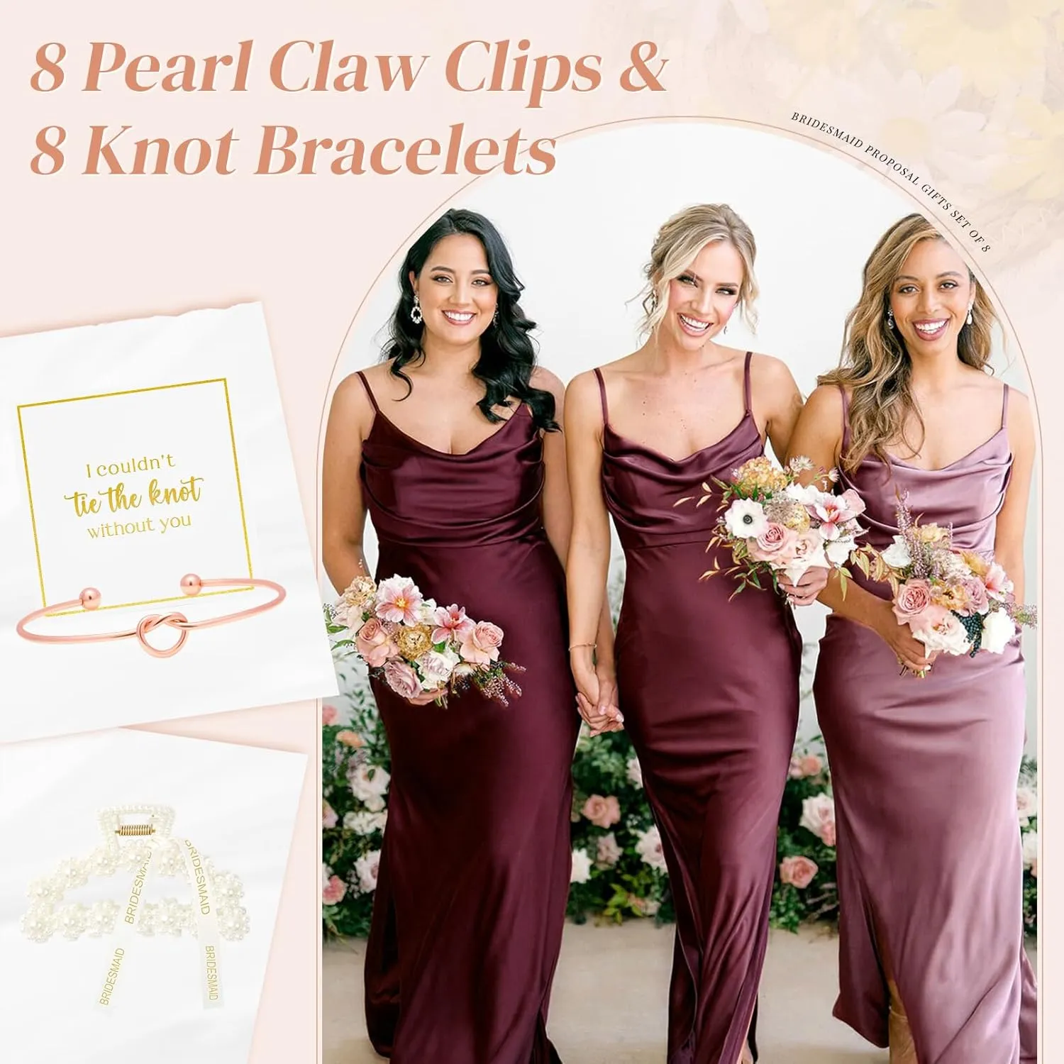 DEEKA 16 Pcs Bridesmaid Proposal Gifts, Pearl Hair Claw Clips & Bridesmaid Knot Bracelet Bachelorette Party Wedding Favors Bridal Party Present Hair Accessories for Women(Rose Gold Bracelets)