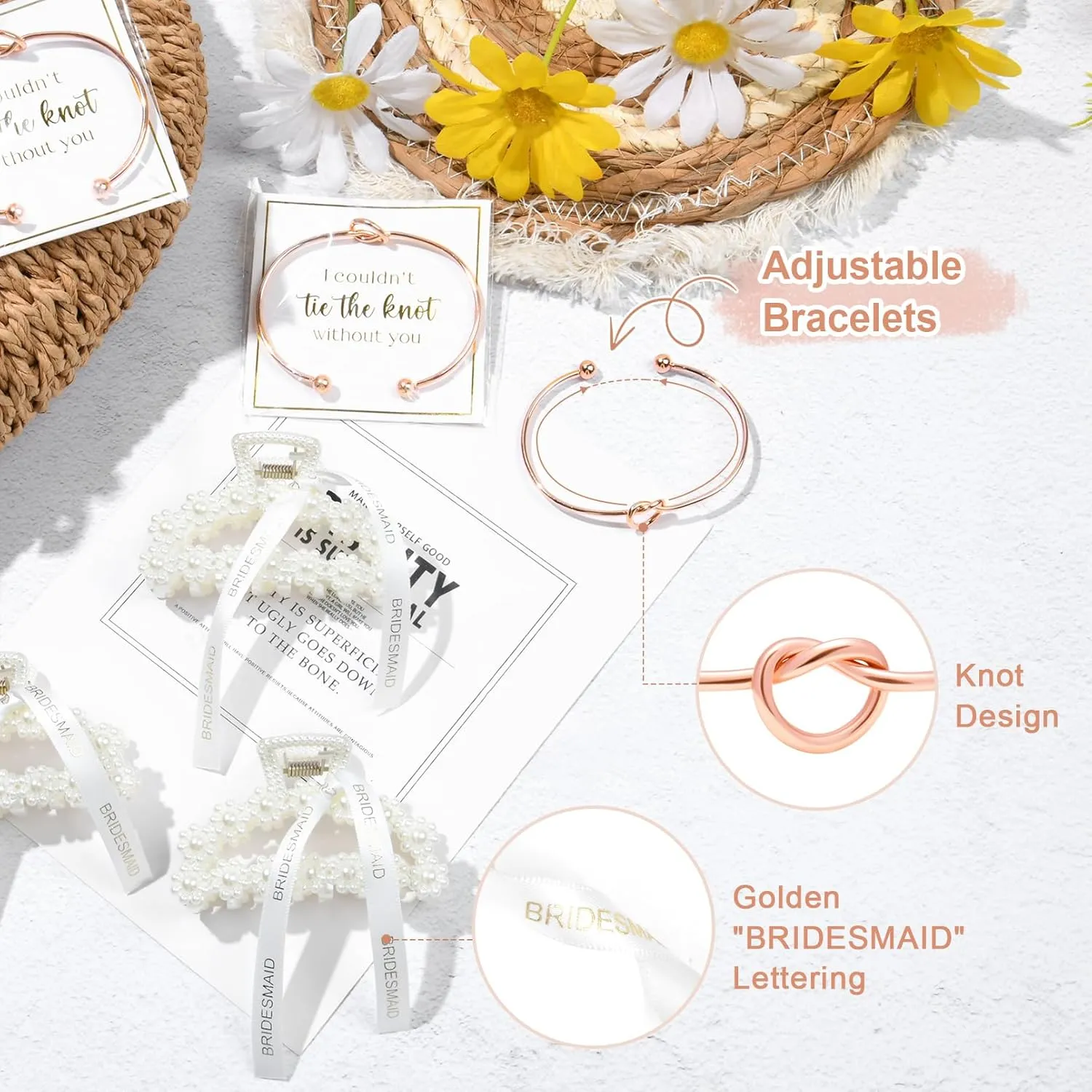 DEEKA 16 Pcs Bridesmaid Proposal Gifts, Pearl Hair Claw Clips & Bridesmaid Knot Bracelet Bachelorette Party Wedding Favors Bridal Party Present Hair Accessories for Women(Rose Gold Bracelets)