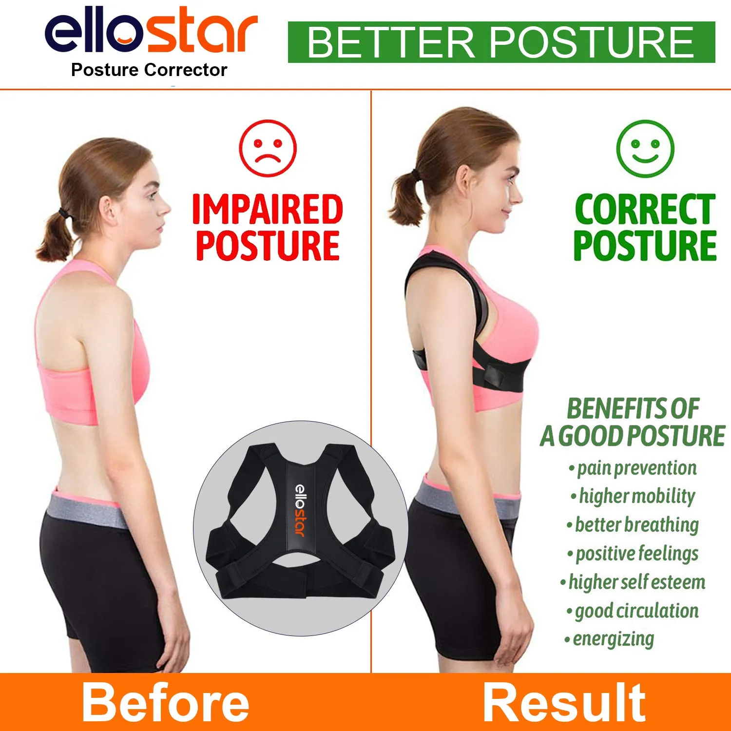 ellostar Back Brace Posture Corrector for Women and Men, Lumbar Shoulder and Back Straightener Posture Improvement Pain Relief (Medium) Lower Chest 27 -33 Inch