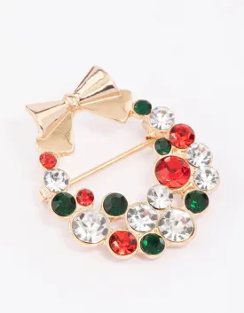 Gold Diamante Christmas Wreath Brooch