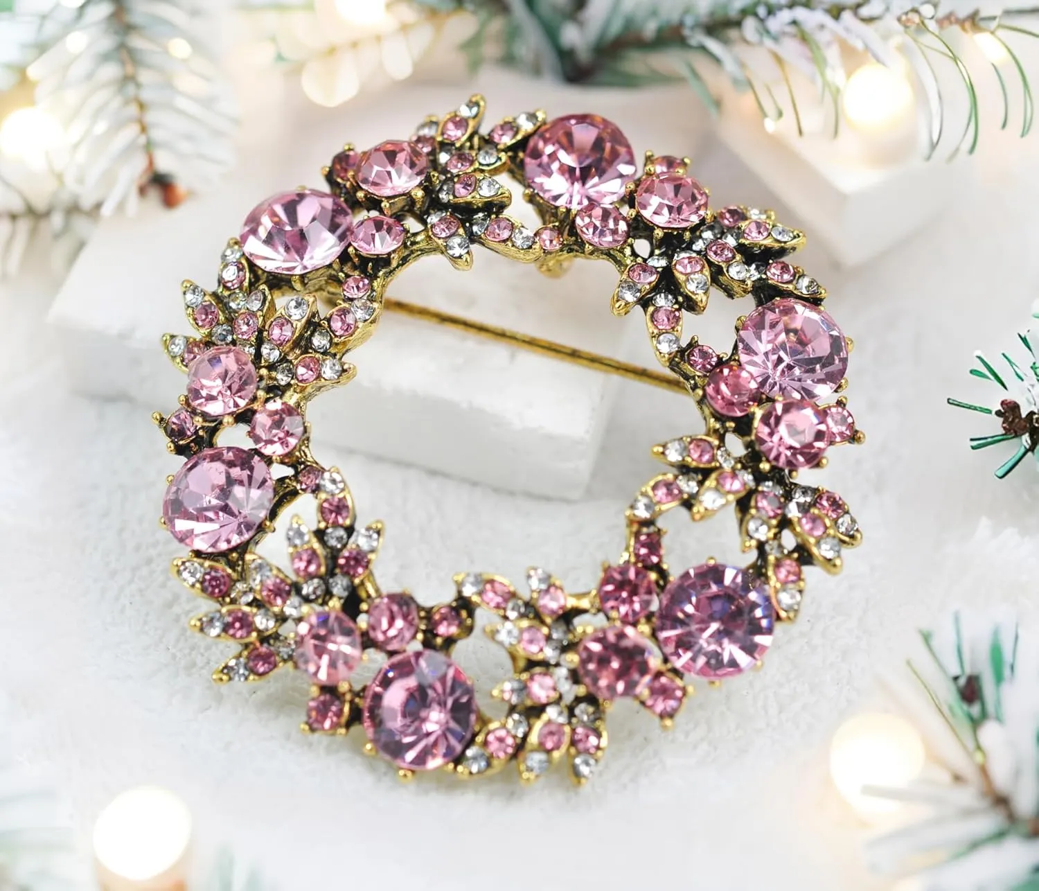 Gyn&Joy Womens Crystal Rhinestone Flower Wreath Wedding Holiday Fashion Jewelry Brooch Pin