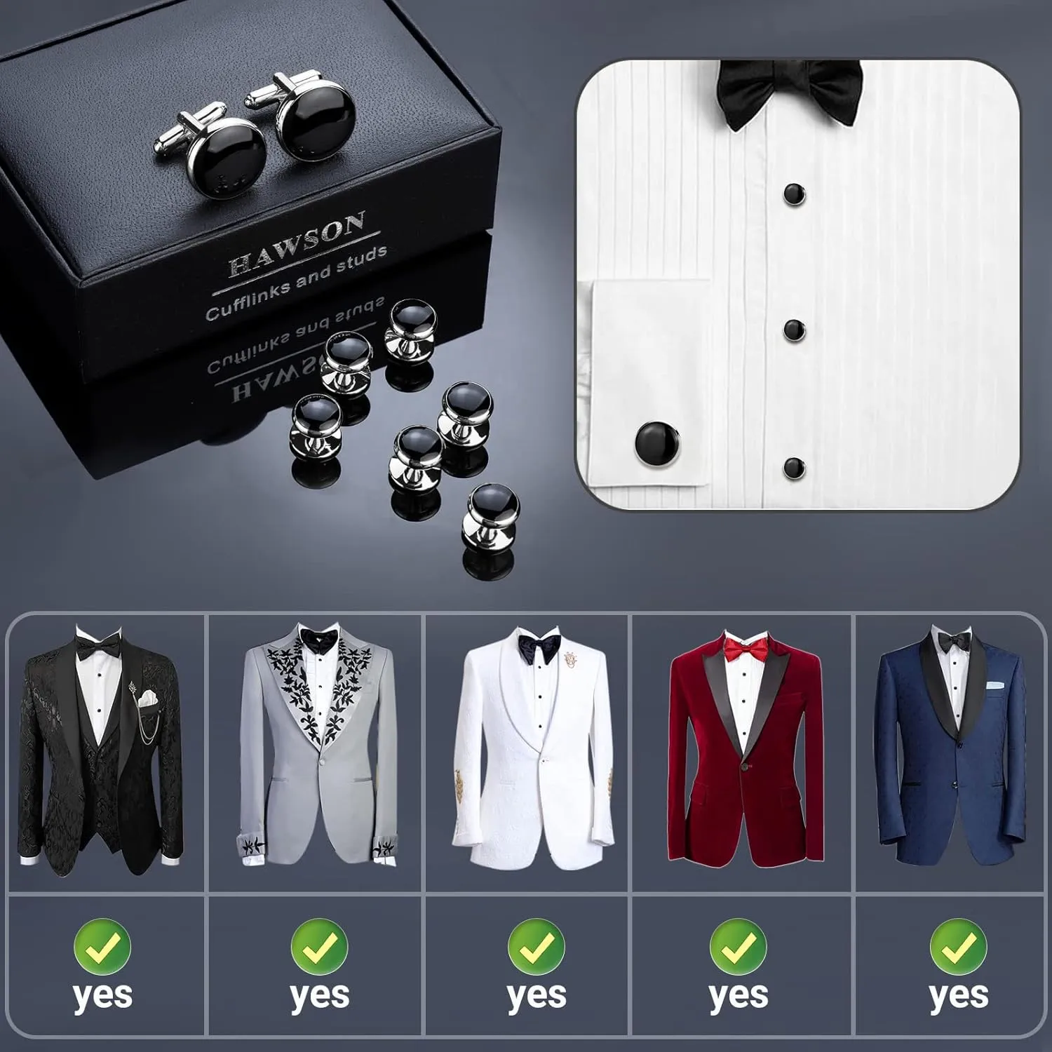 HAWSON Mens Cufflinks and Tuxedo Studs Set with Gift Box; Mens Jewelry or Accessories Suitable for Black Suit White Shirts Vest and Red Bow tie on Wedding or Anniversary and Birthday