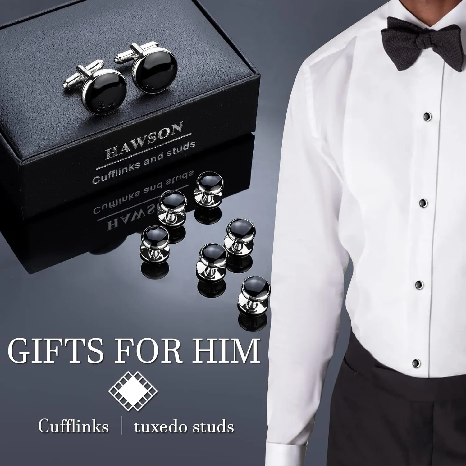 HAWSON Mens Cufflinks and Tuxedo Studs Set with Gift Box; Mens Jewelry or Accessories Suitable for Black Suit White Shirts Vest and Red Bow tie on Wedding or Anniversary and Birthday