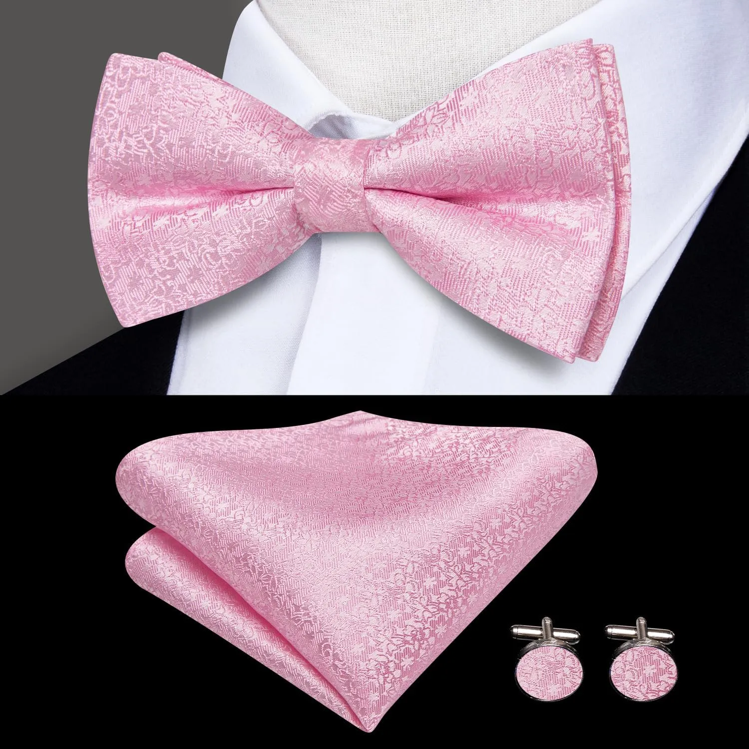 Hi-Tie Suspender Bowtie for Men Adjustable Y-shape 6 Clips Trouser Braces Pre-tied Bow Tie with Handkerchief Cufflinks