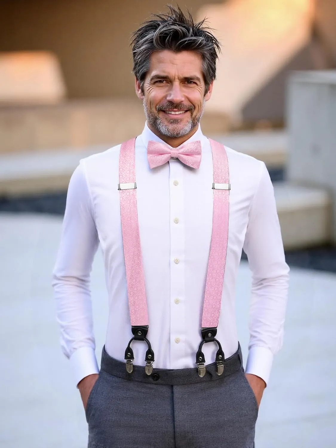 Hi-Tie Suspender Bowtie for Men Adjustable Y-shape 6 Clips Trouser Braces Pre-tied Bow Tie with Handkerchief Cufflinks