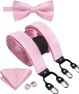 Hi-Tie Suspender Bowtie for Men Adjustable Y-shape 6 Clips Trouser Braces Pre-tied Bow Tie with Handkerchief Cufflinks