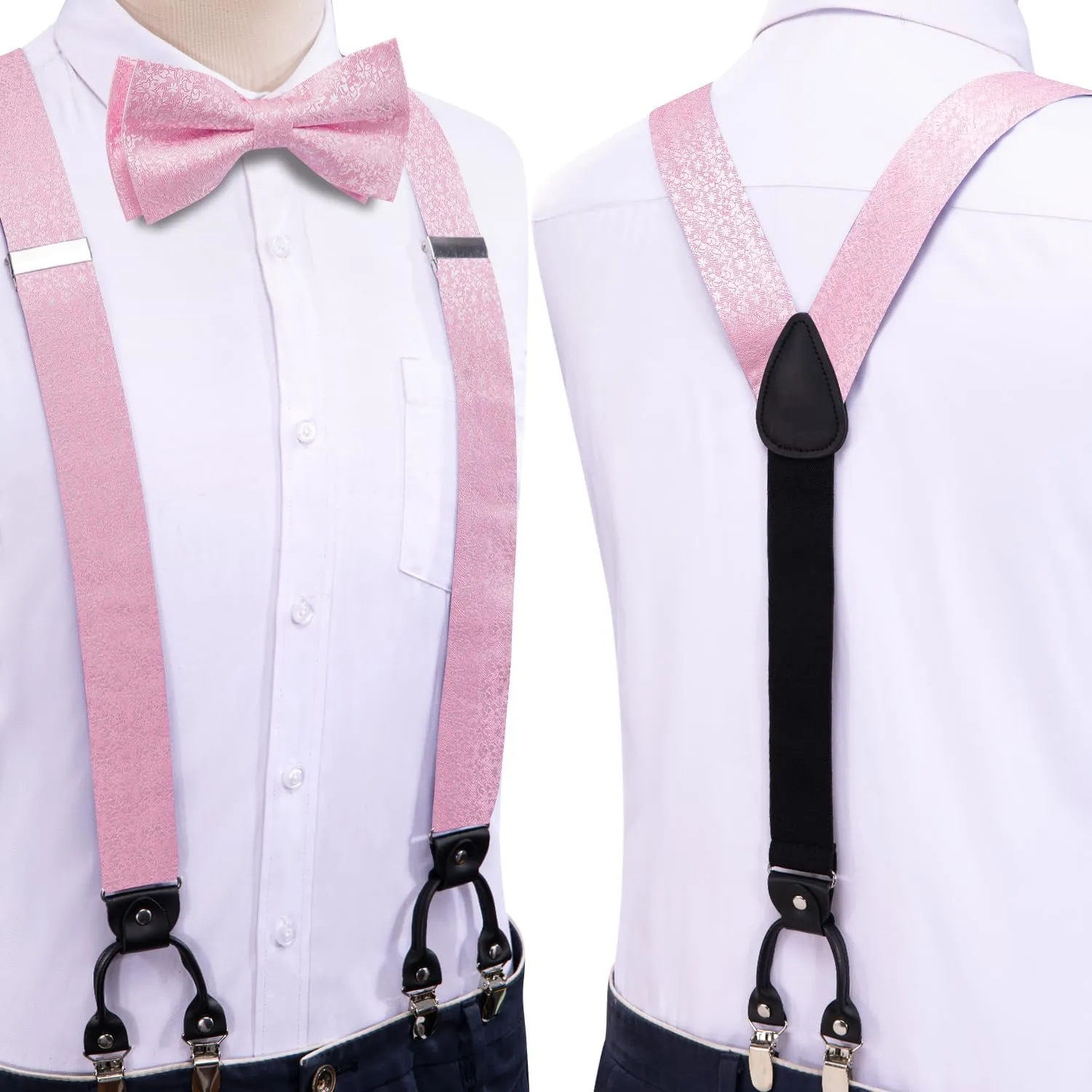 Hi-Tie Suspender Bowtie for Men Adjustable Y-shape 6 Clips Trouser Braces Pre-tied Bow Tie with Handkerchief Cufflinks