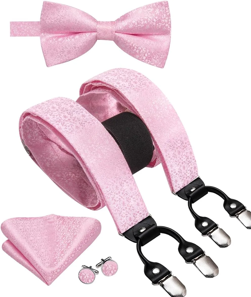 Hi-Tie Suspender Bowtie for Men Adjustable Y-shape 6 Clips Trouser Braces Pre-tied Bow Tie with Handkerchief Cufflinks