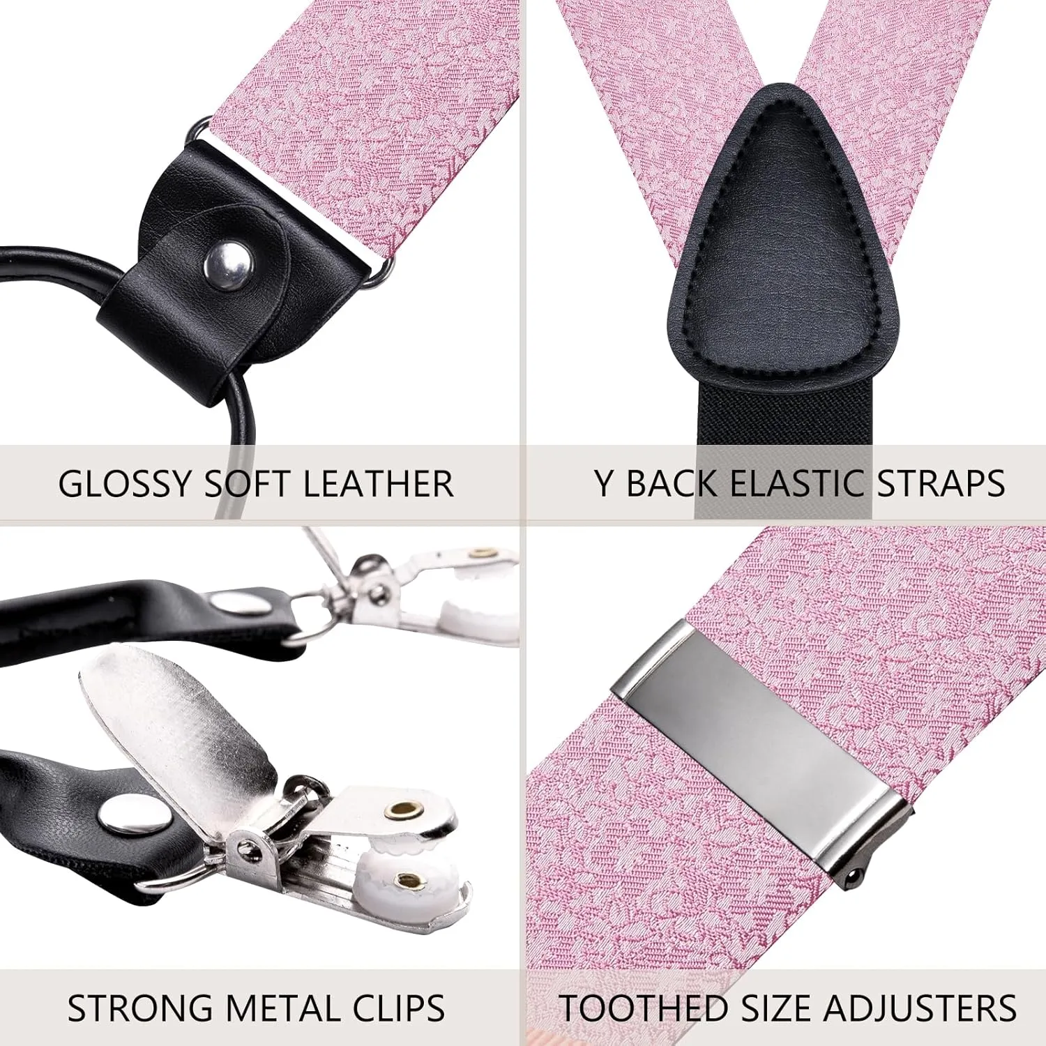 Hi-Tie Suspender Bowtie for Men Adjustable Y-shape 6 Clips Trouser Braces Pre-tied Bow Tie with Handkerchief Cufflinks