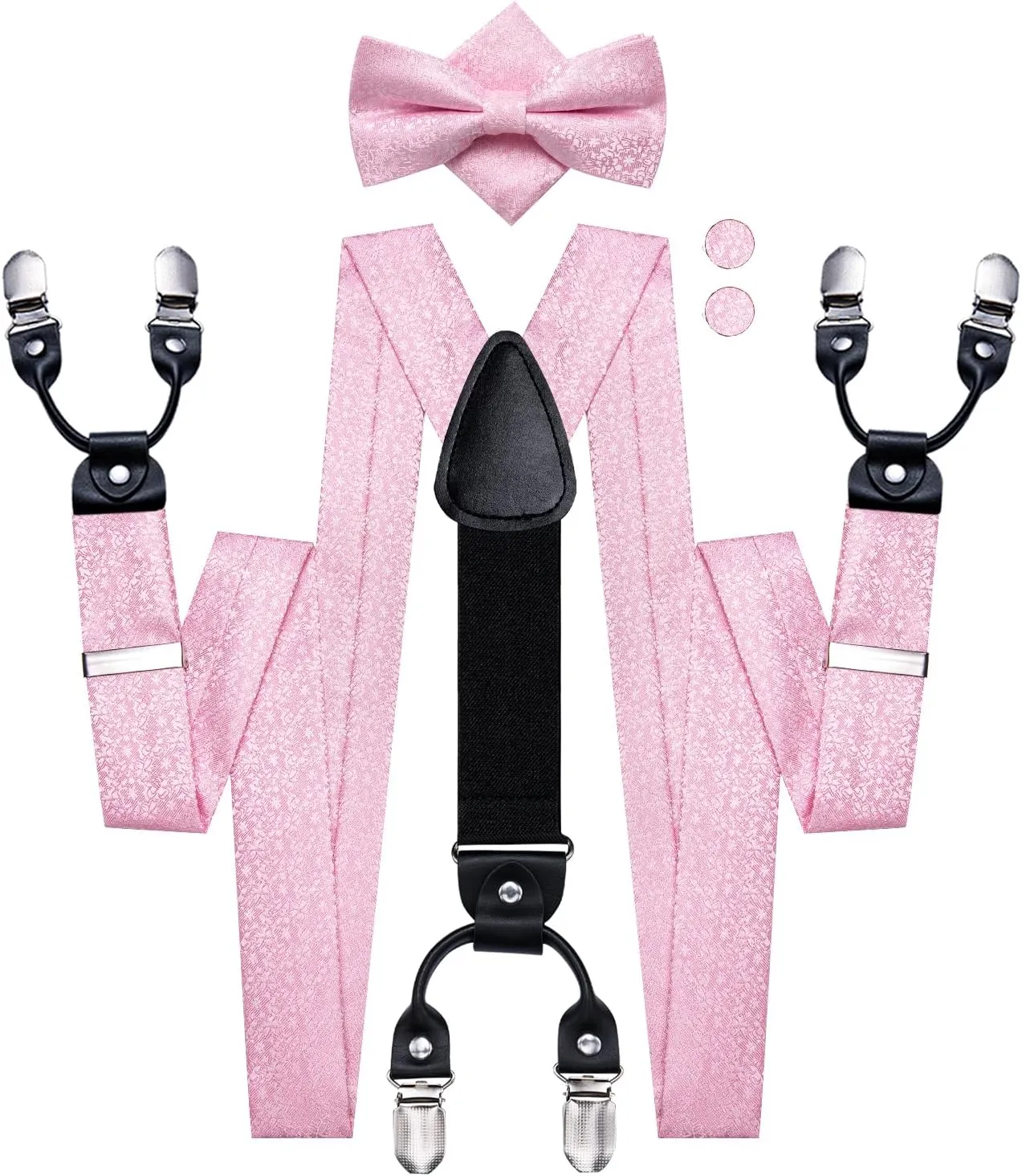 Hi-Tie Suspender Bowtie for Men Adjustable Y-shape 6 Clips Trouser Braces Pre-tied Bow Tie with Handkerchief Cufflinks