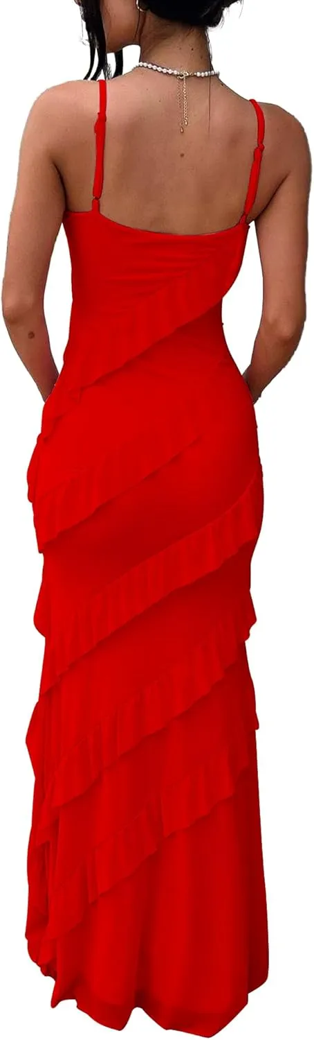 HOCILLE Women's Sexy V Neck Bodycon Spaghetti Strap Elegant Ruffle Maxi Cocktail Party Dresses