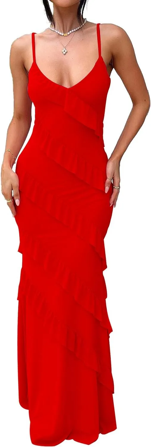 HOCILLE Women's Sexy V Neck Bodycon Spaghetti Strap Elegant Ruffle Maxi Cocktail Party Dresses