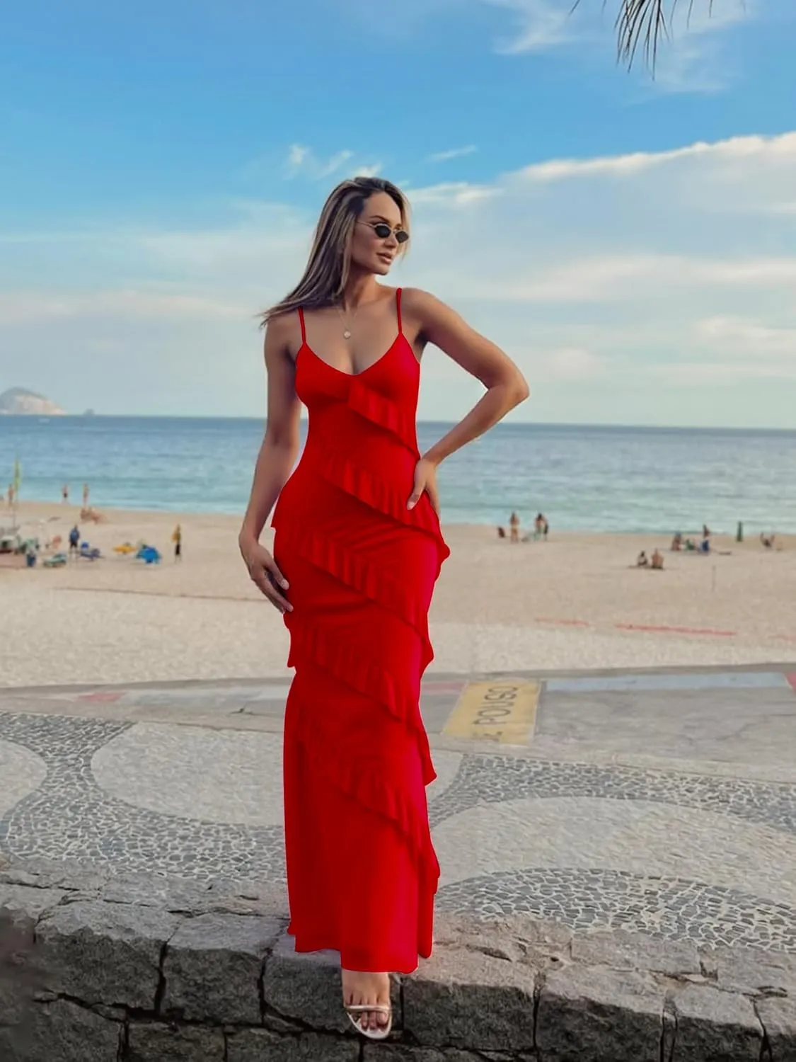 HOCILLE Women's Sexy V Neck Bodycon Spaghetti Strap Elegant Ruffle Maxi Cocktail Party Dresses