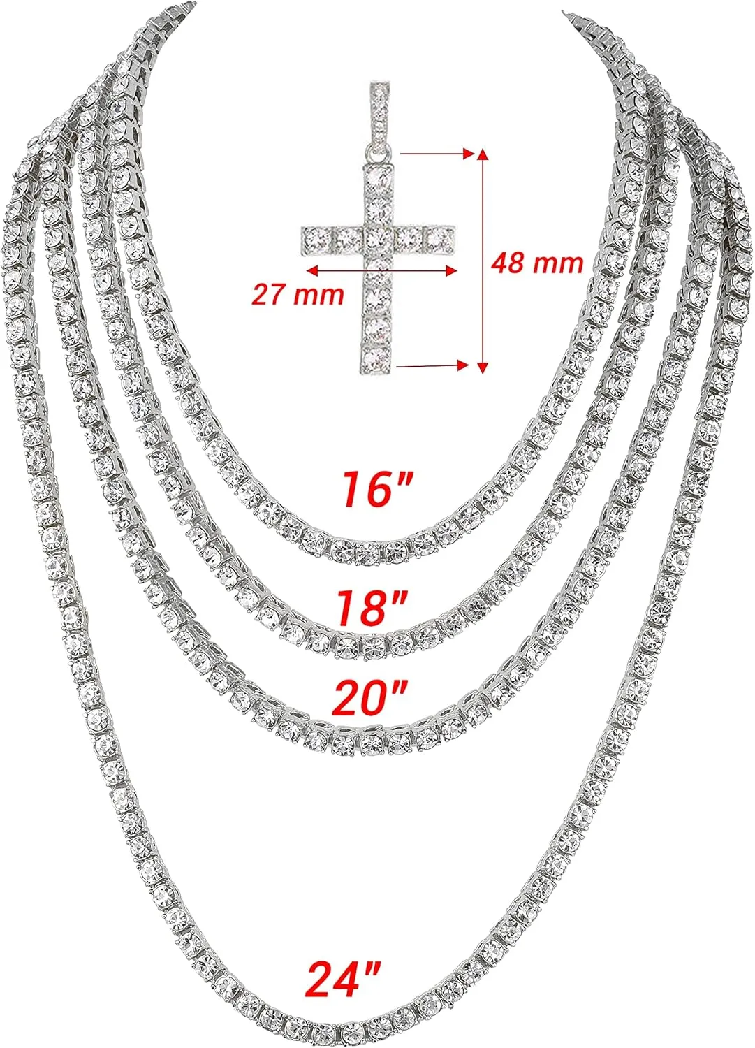 Iced Out Cross, Bull, Money Bag, 23 & More Pendants on Tennis Chain for Men or Women - Bling'ed Out Hip Hop Jewelry on Blast! - Gold or Silver & Size Your Choice - TN001