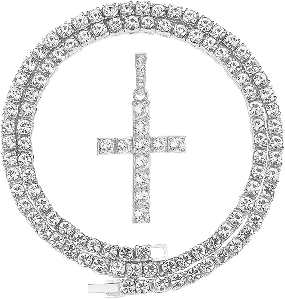 Iced Out Cross, Bull, Money Bag, 23 & More Pendants on Tennis Chain for Men or Women - Bling'ed Out Hip Hop Jewelry on Blast! - Gold or Silver & Size Your Choice - TN001