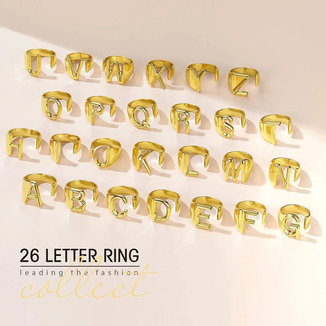 KeyStyle Bold Initial Letter Rings Adjustable, GoldChic Jewelry Women Gold Statement Ring Personalized Engraved Womens Open Signet Ring for Party (Gold, White Gold, Black)